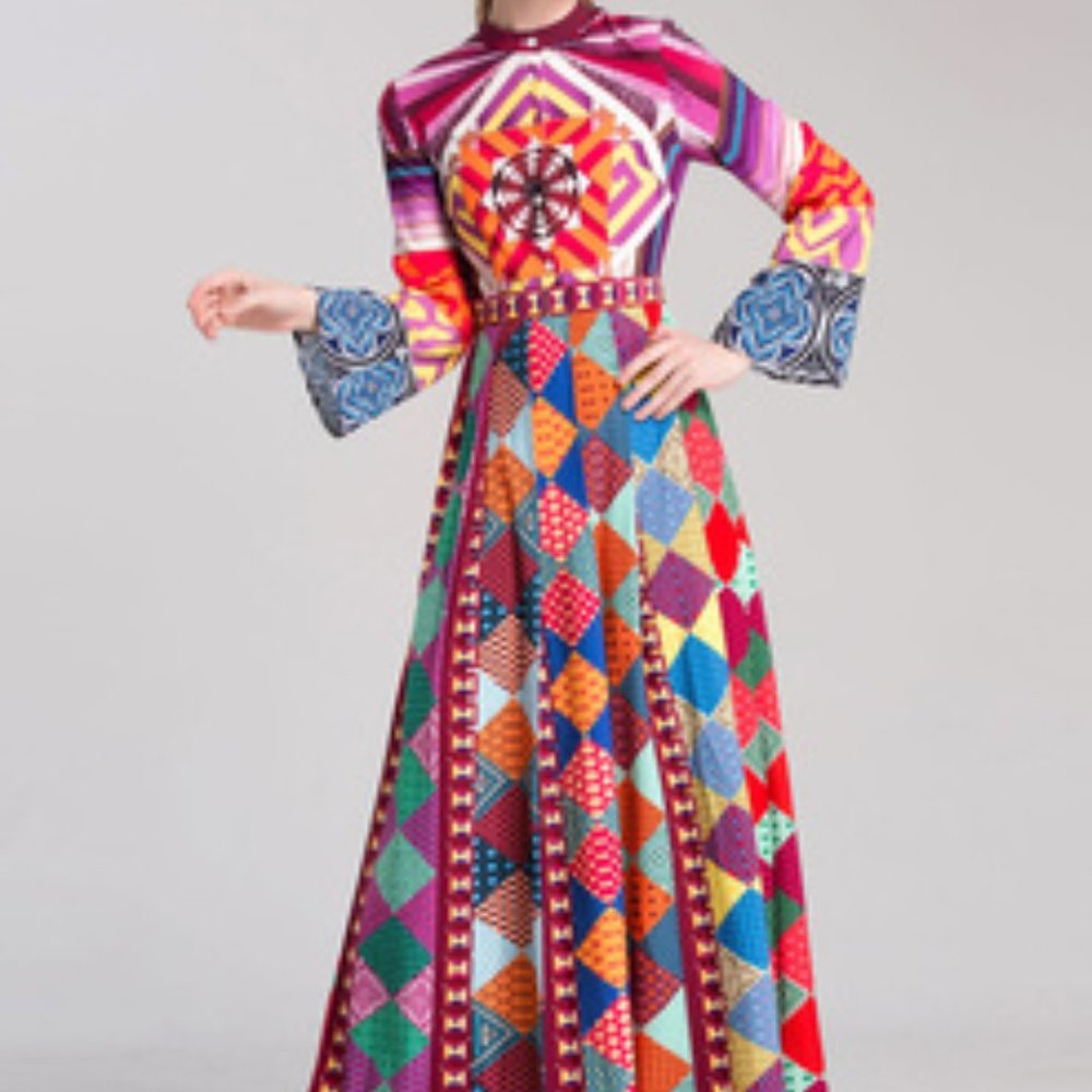 NWT Multicolor A-line Long Slv Printed Maxi Dress - Picture 2 of 10